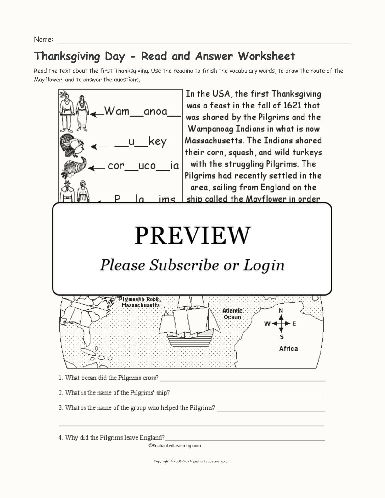 Thanksgiving Day - Read and Answer Worksheet interactive worksheet page 1