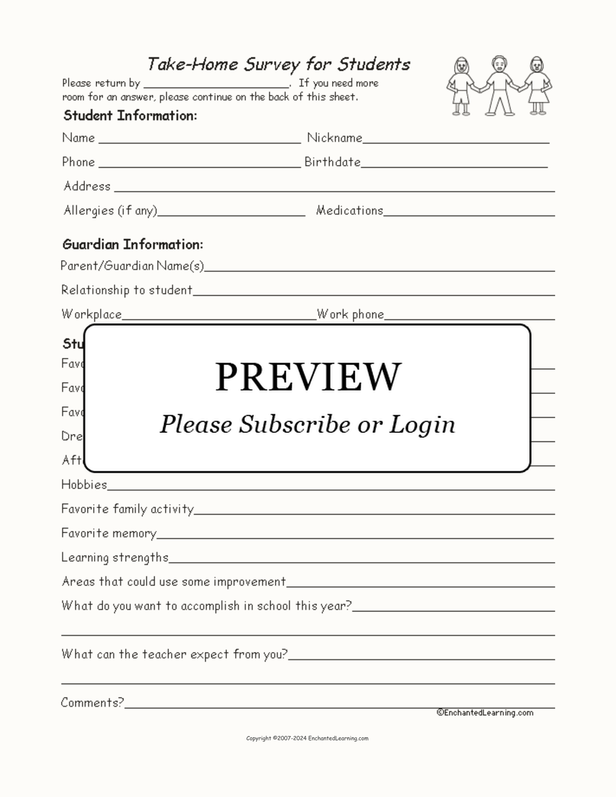 Take-Home Student Survey interactive printout page 1