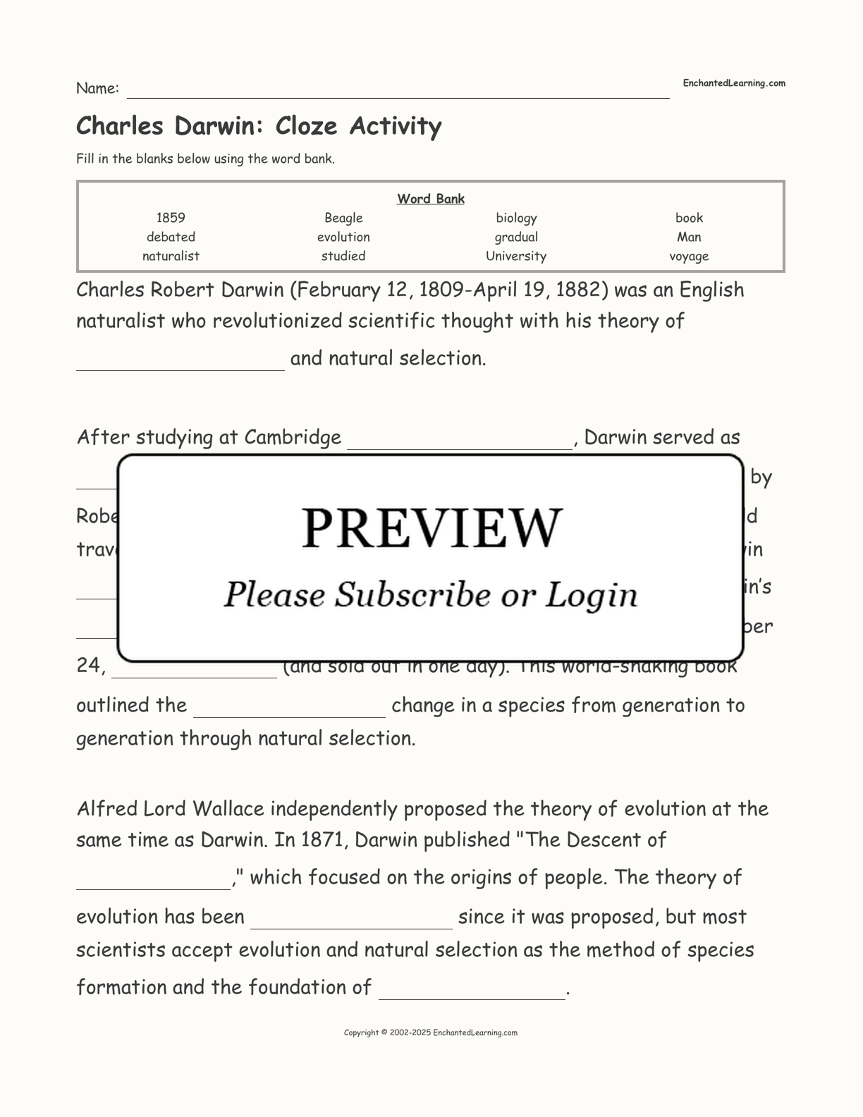 Charles Darwin Cloze Activity Enchanted Learning