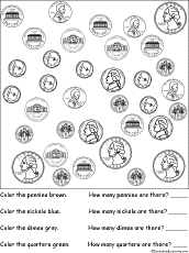 Sorting: Color and count the US coins Worksheet Printout #2