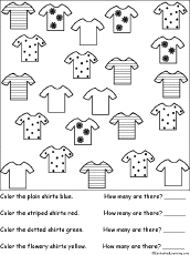 Sorting: Color and count the shirts Worksheet Printout ...