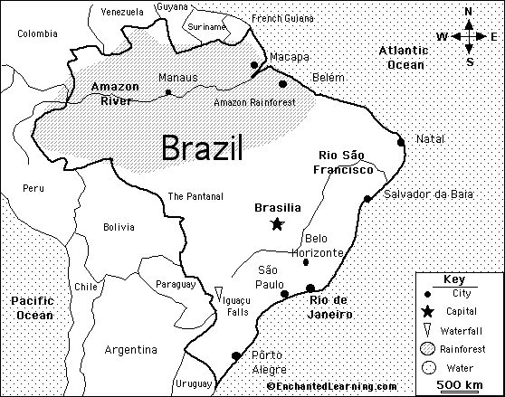 Printable Map Of Brazil Brazil - Enchantedlearning.com