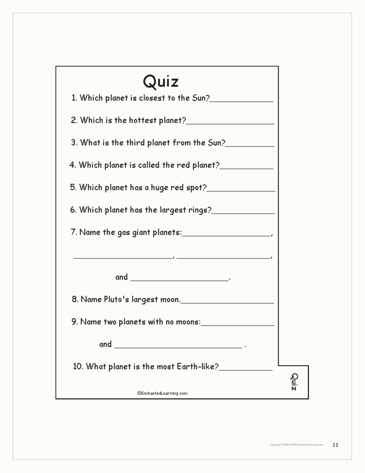 The Planets of our Solar System Book interactive printout page 11