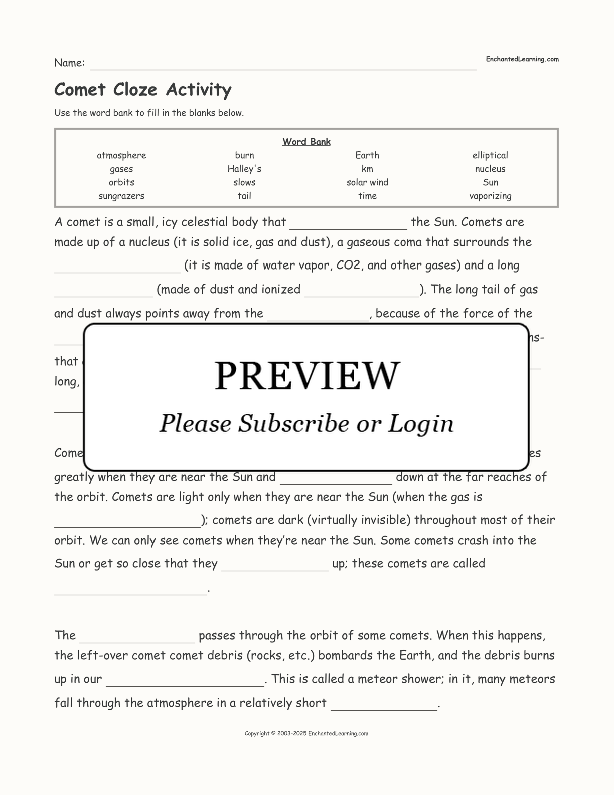 Comet Cloze Activity interactive worksheet page 1