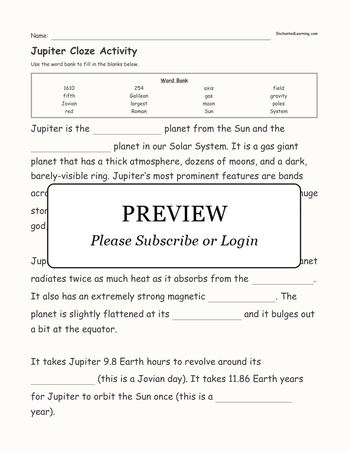 Jupiter Cloze Activity interactive worksheet page 1