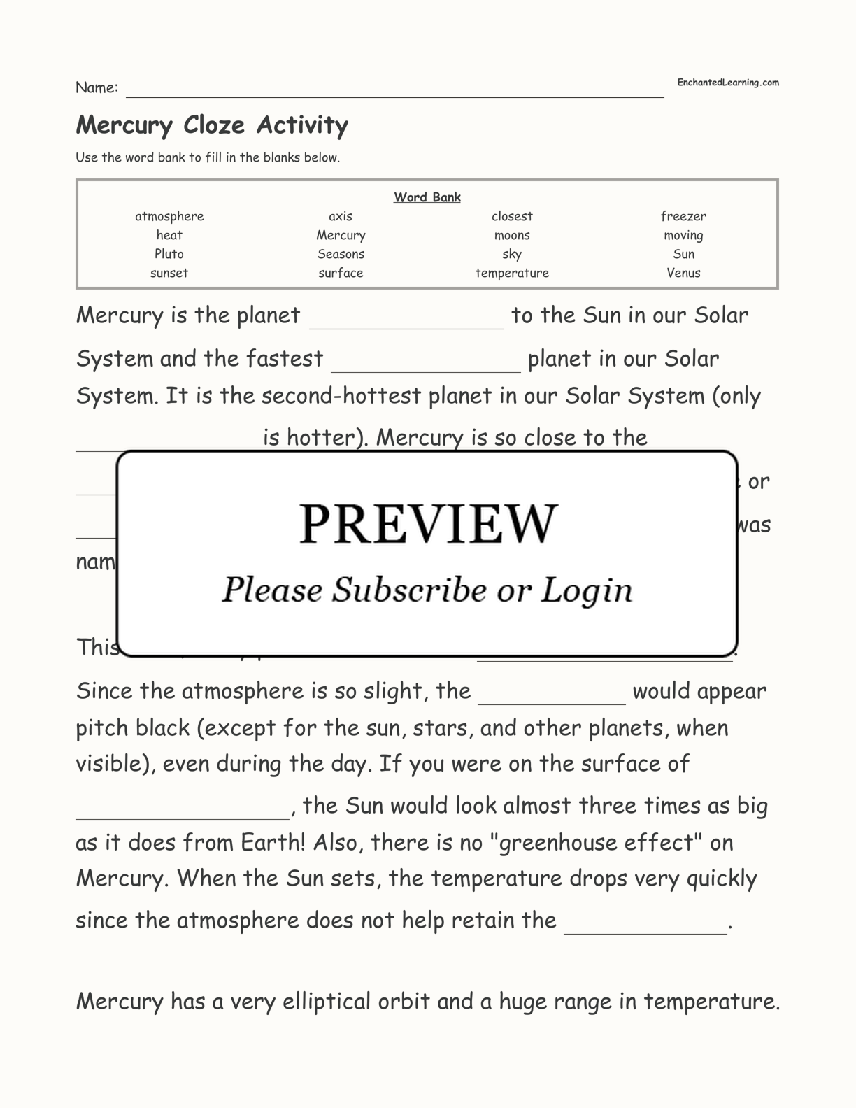 Mercury Cloze Activity interactive worksheet page 1