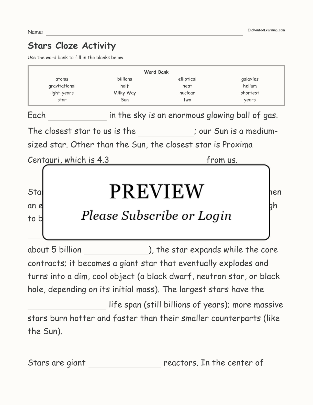 Stars Cloze Activity interactive worksheet page 1