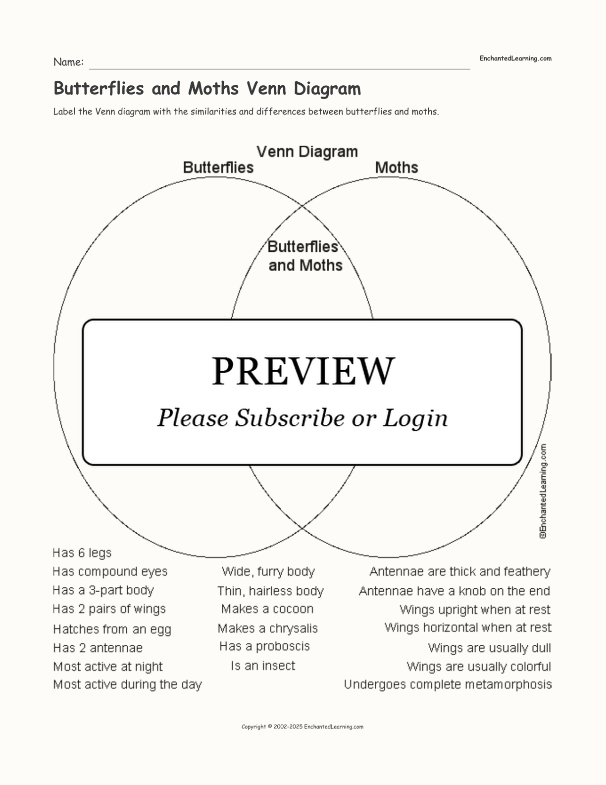 Butterflies and Moths Venn Diagram interactive worksheet page 1