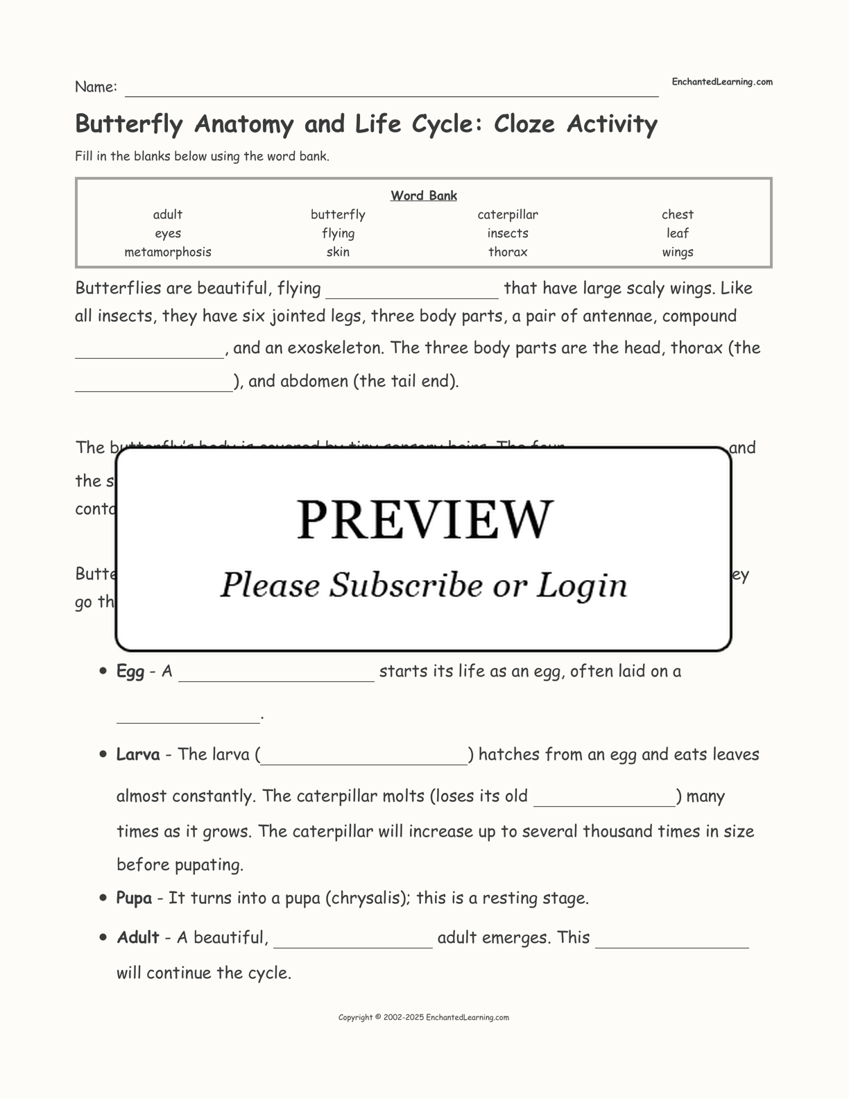 Butterfly Anatomy and Life Cycle: Cloze Activity interactive worksheet page 1