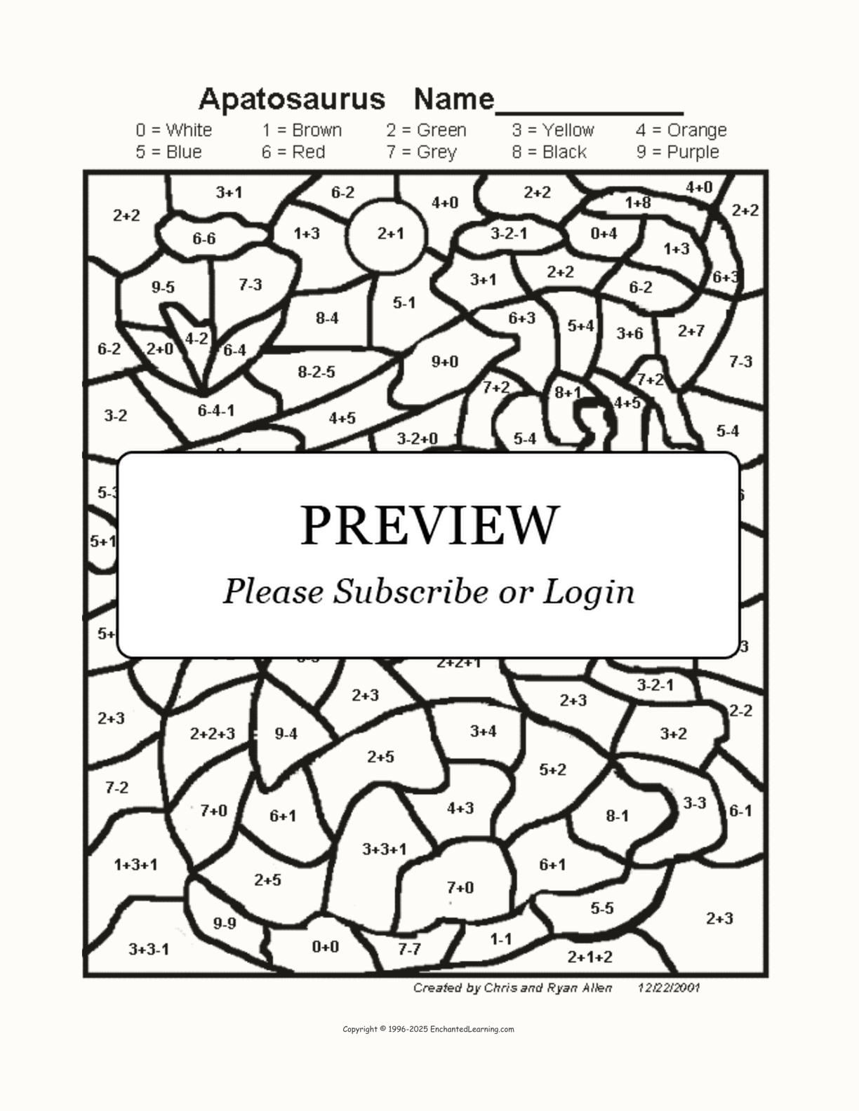 Apatosaurus Math Coloring Printout interactive worksheet page 1