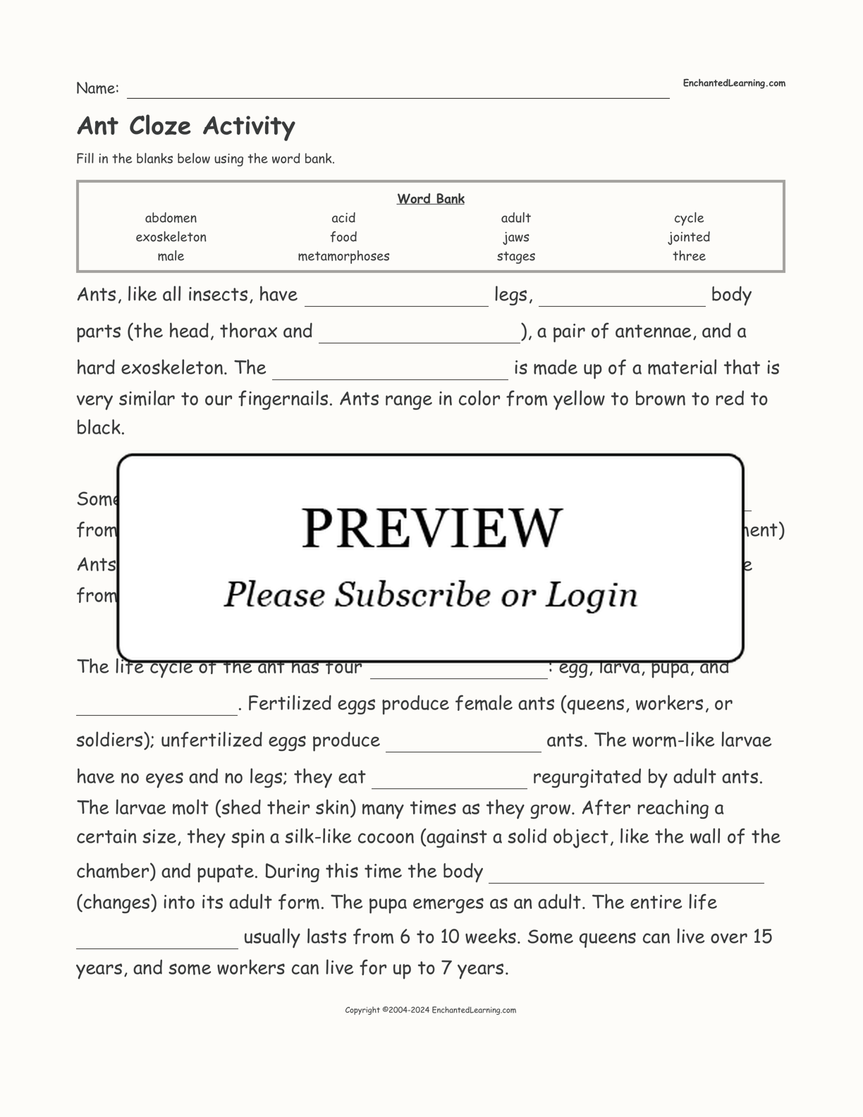 Ant Cloze Activity interactive worksheet page 1