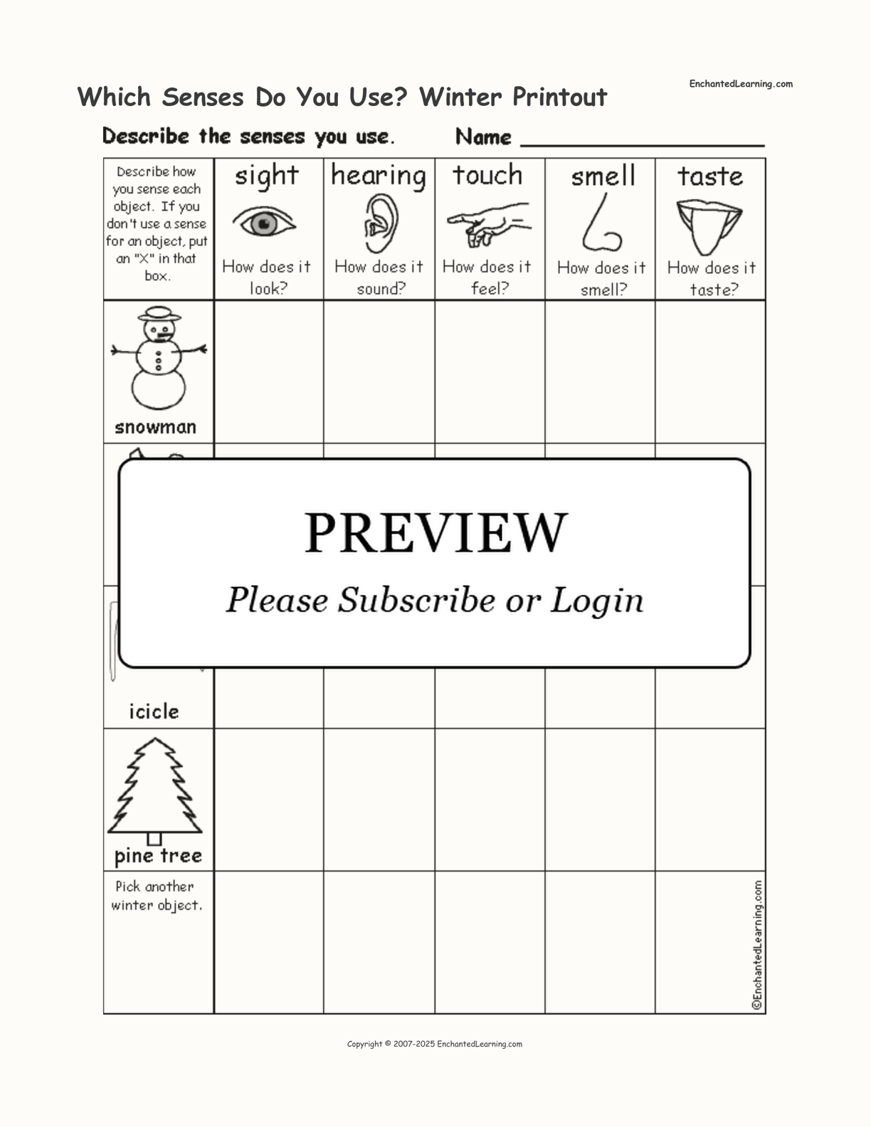 Which Senses Do You Use? Winter Printout interactive worksheet page 1