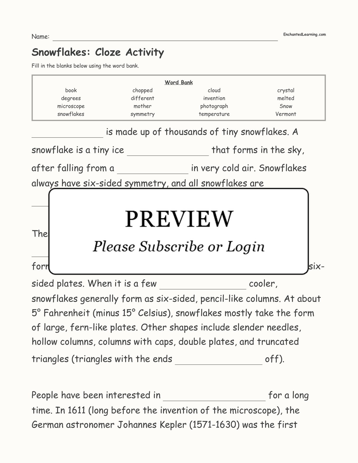 Snowflakes: Cloze Activity interactive worksheet page 1
