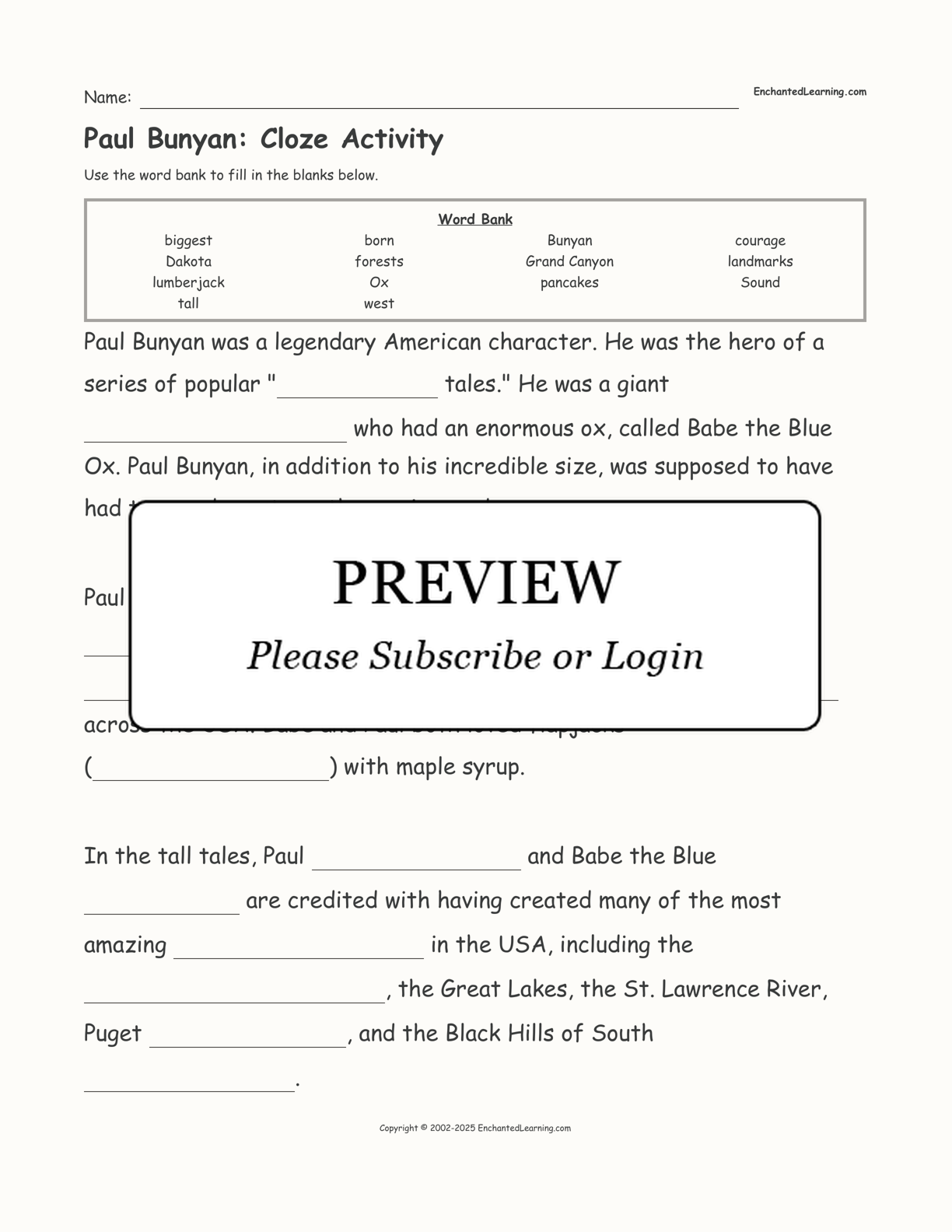 Paul Bunyan: Cloze Activity interactive worksheet page 1