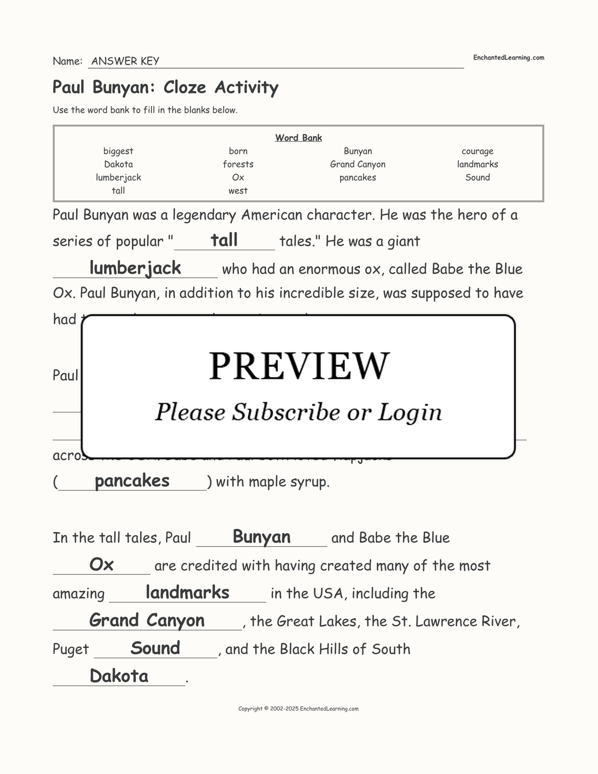 Paul Bunyan: Cloze Activity interactive worksheet page 2