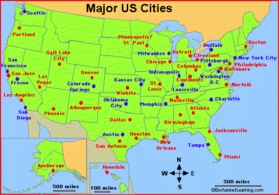 City Map Of Usa Major Cities in the USA   EnchantedLearning.com