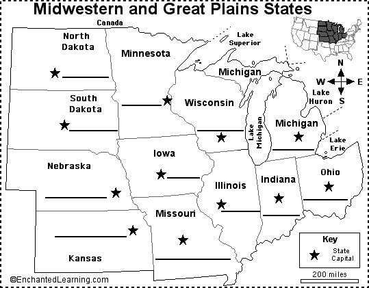 Midwest States And Capitals Map Label Midwestern Us State Capitals Printout - Enchantedlearning.com