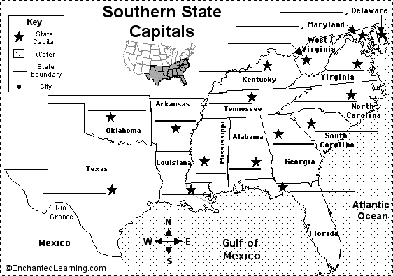 Southern States Map With Capitals Label Southern US State Capitals Printout   EnchantedLearning.com