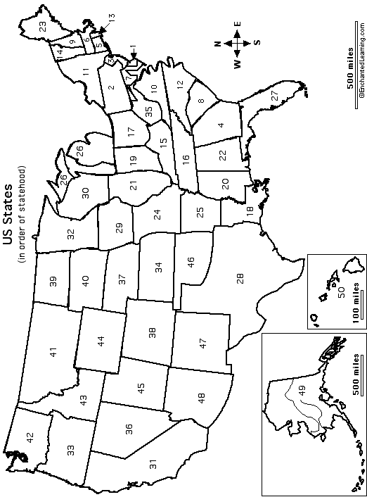 Numbered Map Of The United States Outline Map: USA with state borders (numbered)   EnchantedLearning.com