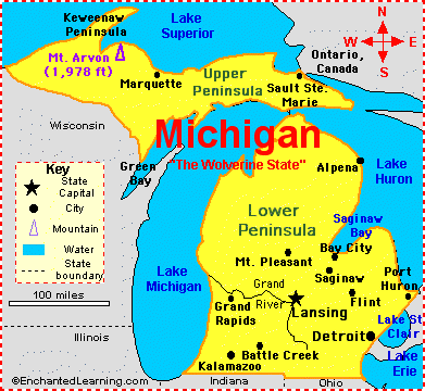 Capital Of Michigan Map Michigan: Facts, Map and State Symbols   EnchantedLearning.com