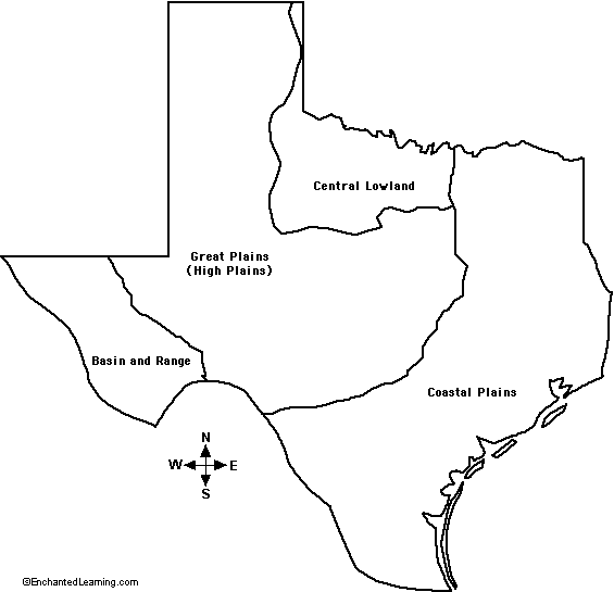 4 Regions Of Texas Map 4 Regions of Texas, Outline Map Labeled   EnchantedLearning.com