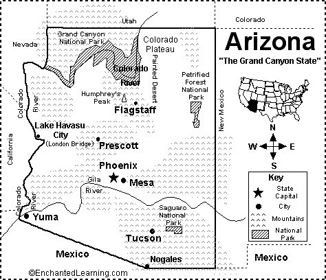 Arizona Map/Quiz Printout - EnchantedLearning.com