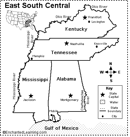 Eastern United States Map Quiz East South Central States Map/Quiz Printout   EnchantedLearning.com