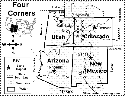 4 Corner States Map Four Corners Map/Quiz Printout   EnchantedLearning.com