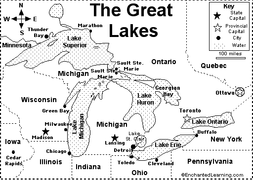 Great Lakes Map Quiz Printout EnchantedLearning Com   Greatlakesbw.GIF