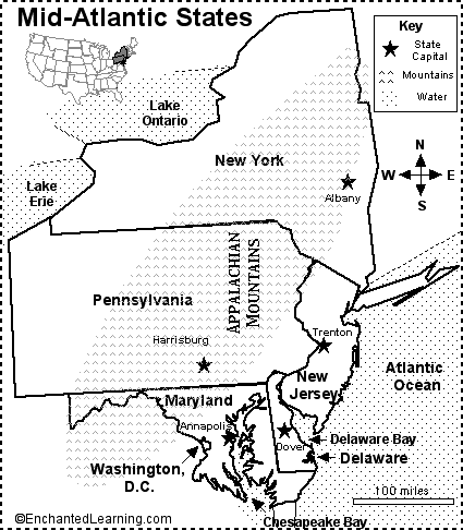 Mid-Atlantic States Map/Quiz Printout - EnchantedLearning.com