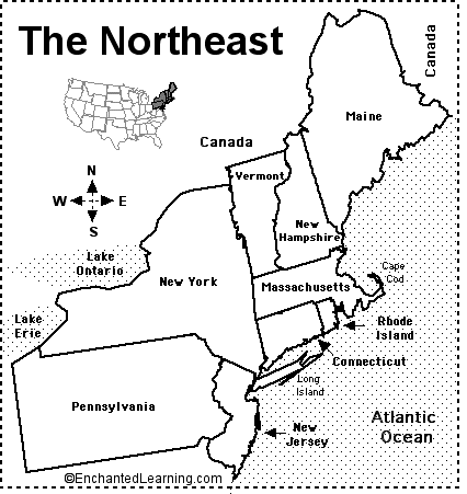 Northeastern States Map Quiz Printout EnchantedLearning Com   Northeastbw.GIF