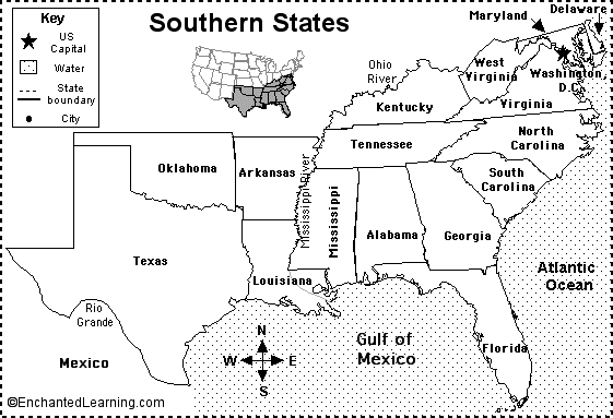 Southeast States Map Quiz Southern States Map/Quiz Printout   EnchantedLearning.com