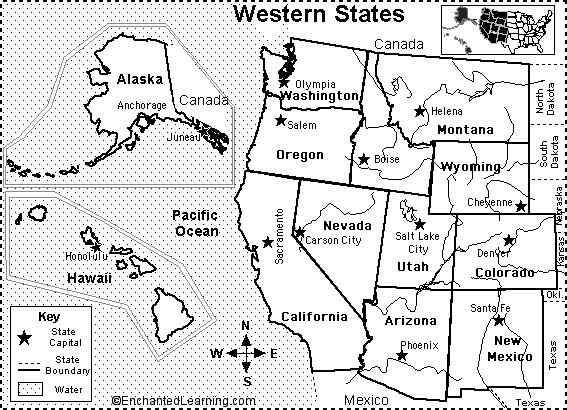 Western Us State Map Western US States Map/Quiz Printout   EnchantedLearning.com