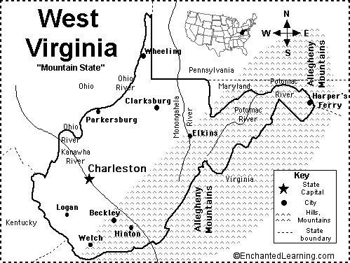 Capital Of West Virginia Map West Virginia Map/Quiz Printout - Enchantedlearning.com