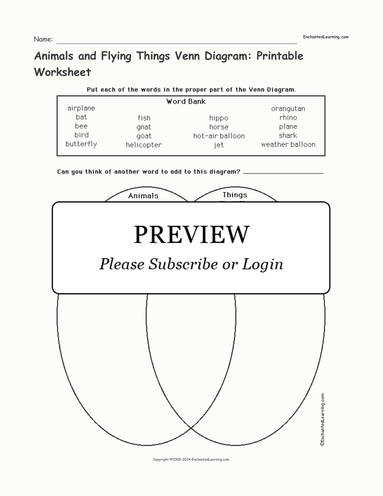 Animals and Flying Things Venn Diagram: Printable Worksheet interactive worksheet page 1