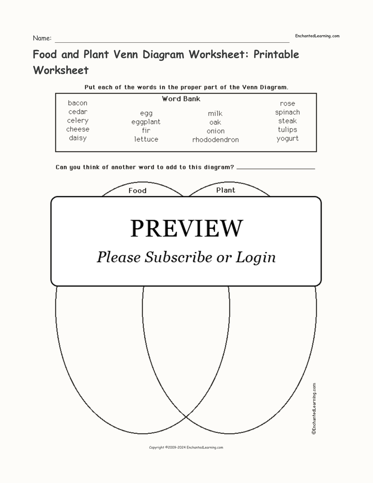 Food and Plant Venn Diagram Worksheet: Printable Worksheet interactive worksheet page 1
