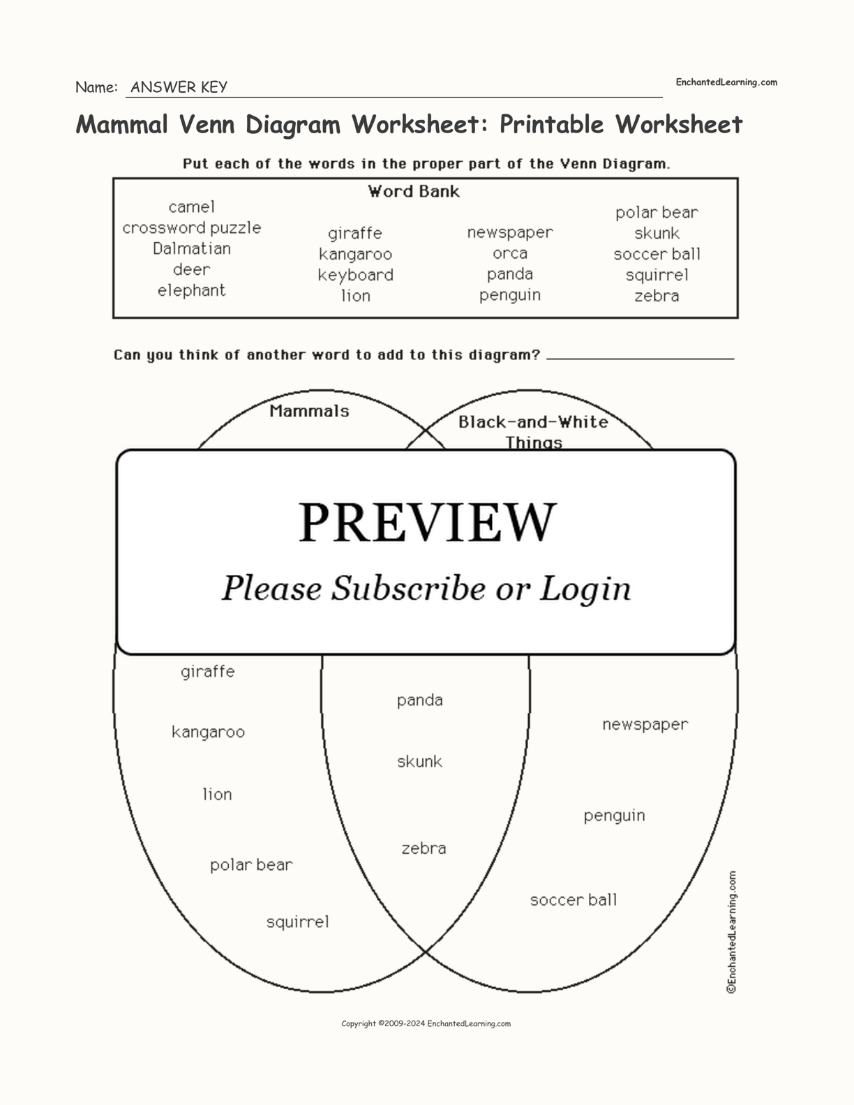 Mammal Venn Diagram Worksheet: Printable Worksheet interactive worksheet page 2