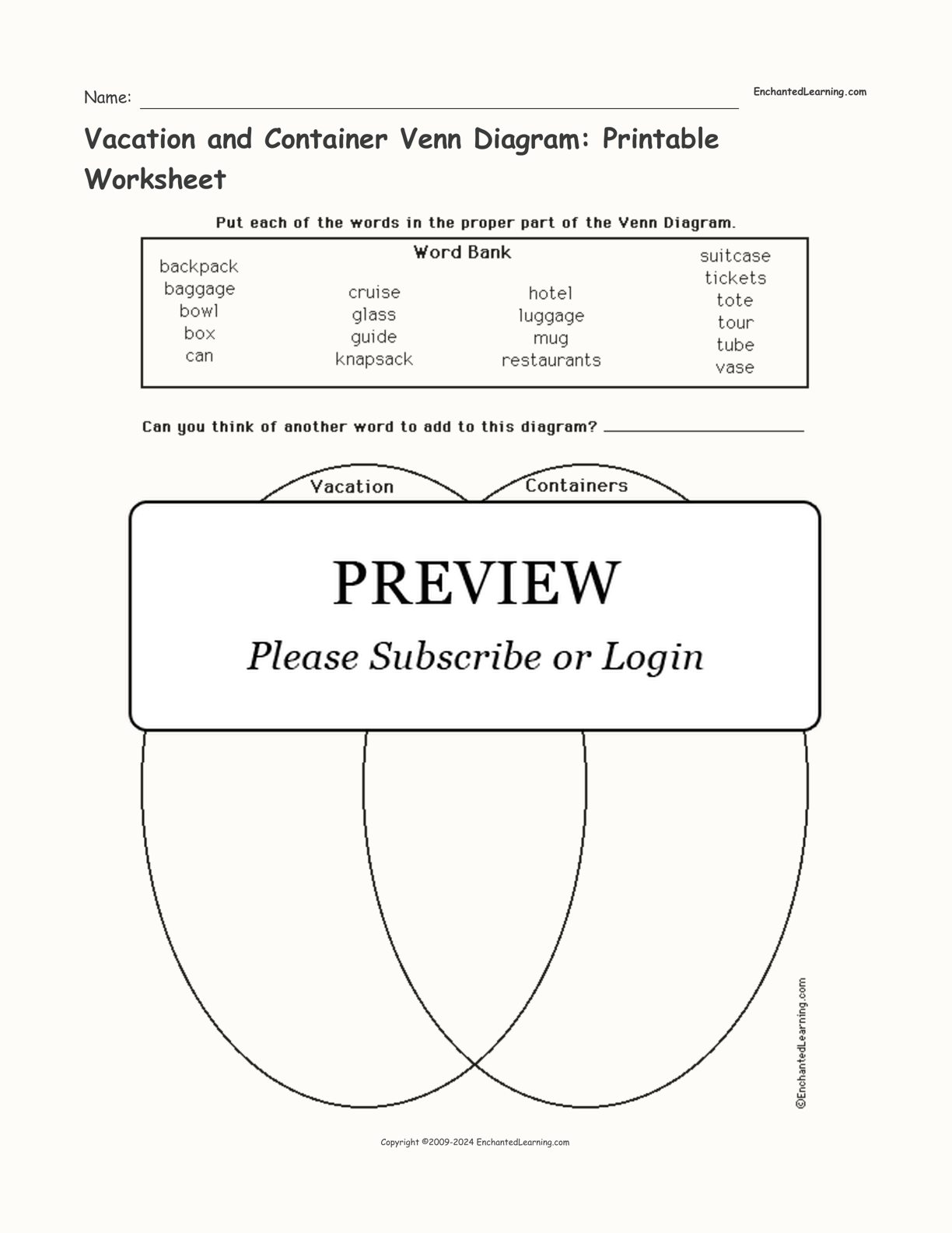 Vacation and Container Venn Diagram: Printable Worksheet interactive worksheet page 1