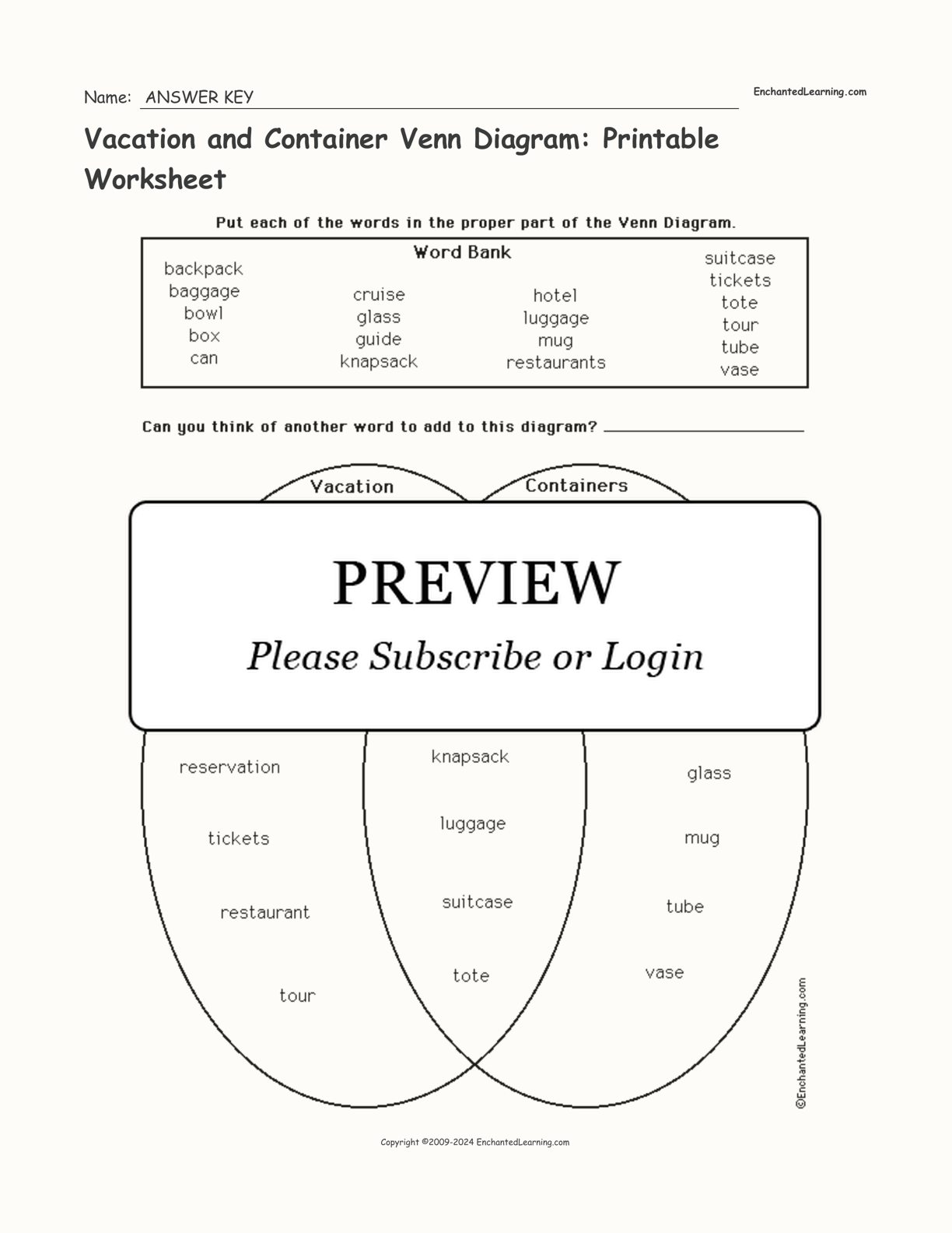 Vacation and Container Venn Diagram: Printable Worksheet interactive worksheet page 2