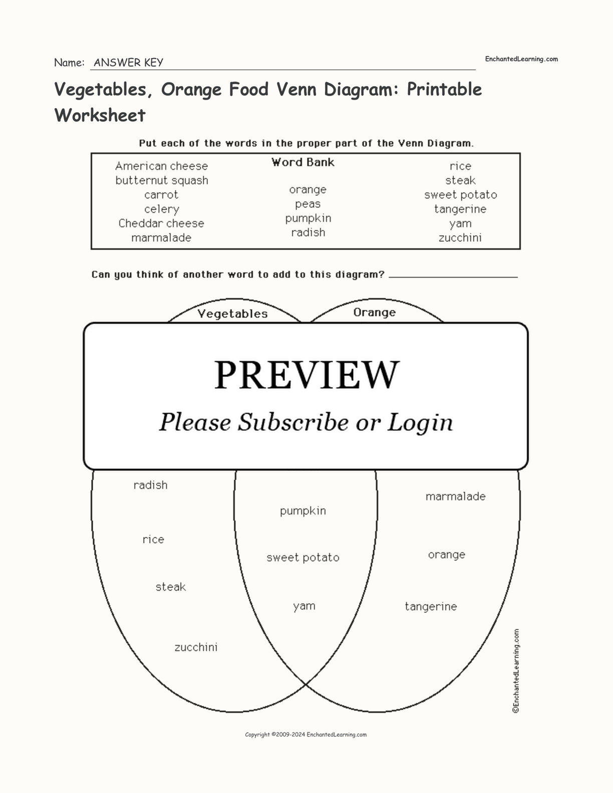 Vegetables, Orange Food Venn Diagram: Printable Worksheet interactive worksheet page 2