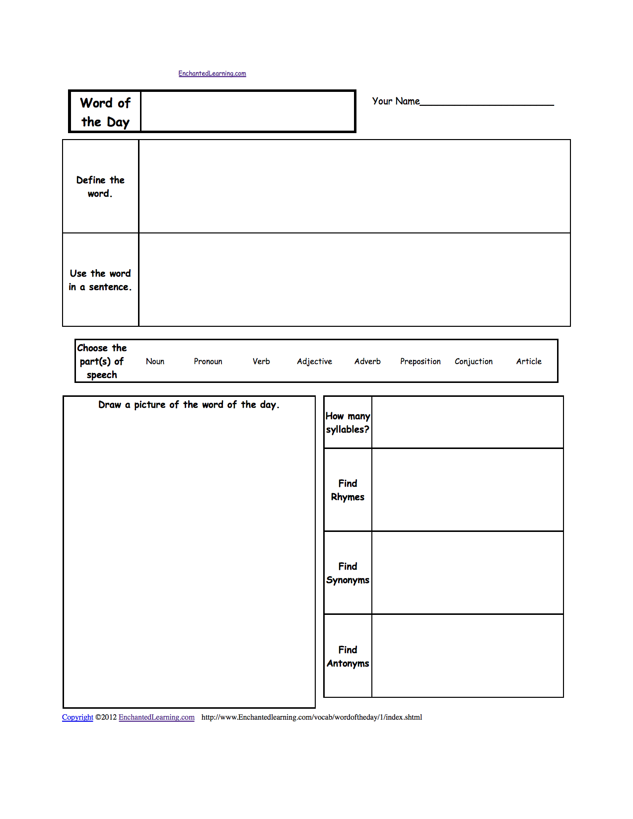 Word of the Day Worksheets - EnchantedLearning.com With Blank Vocabulary Worksheet Template