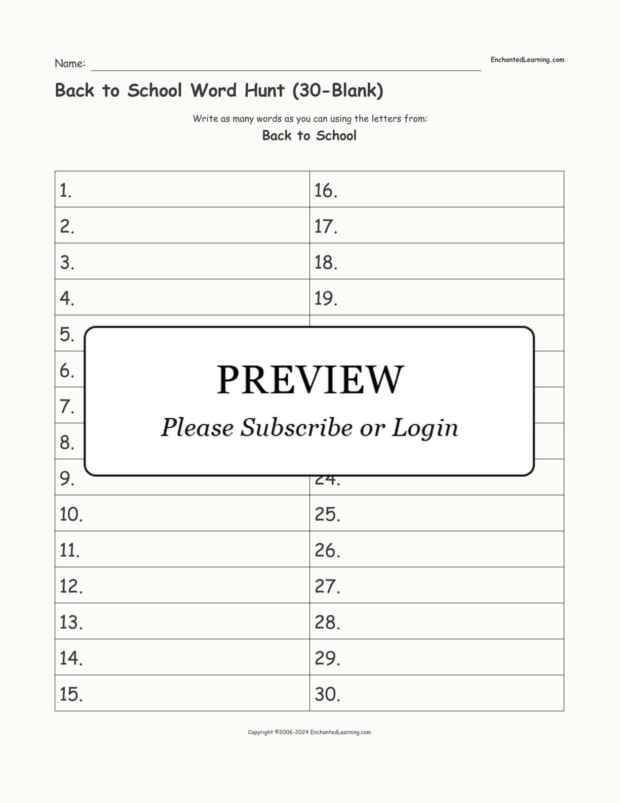 Back to School Word Hunt (30-Blank) interactive worksheet page 1