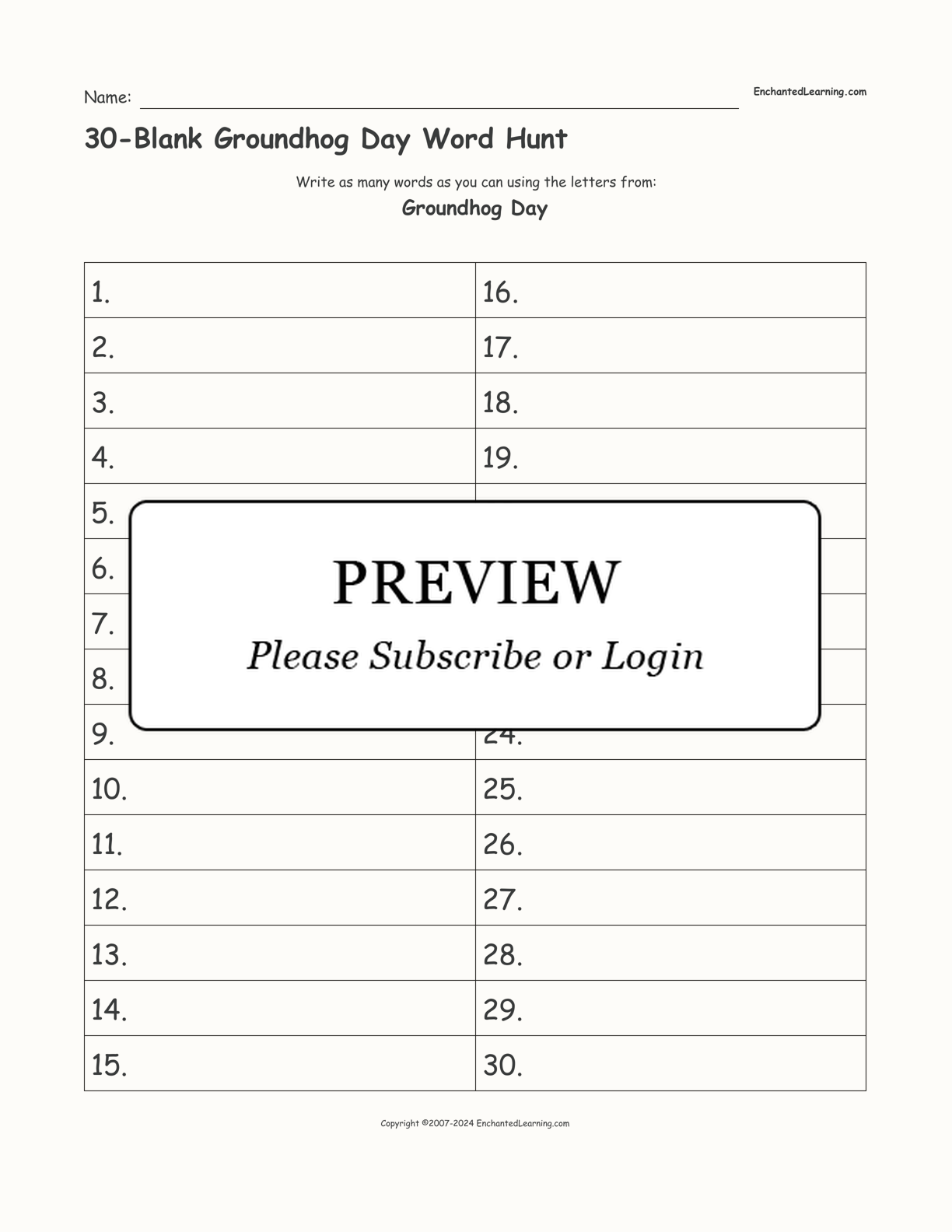 30-Blank Groundhog Day Word Hunt interactive worksheet page 1