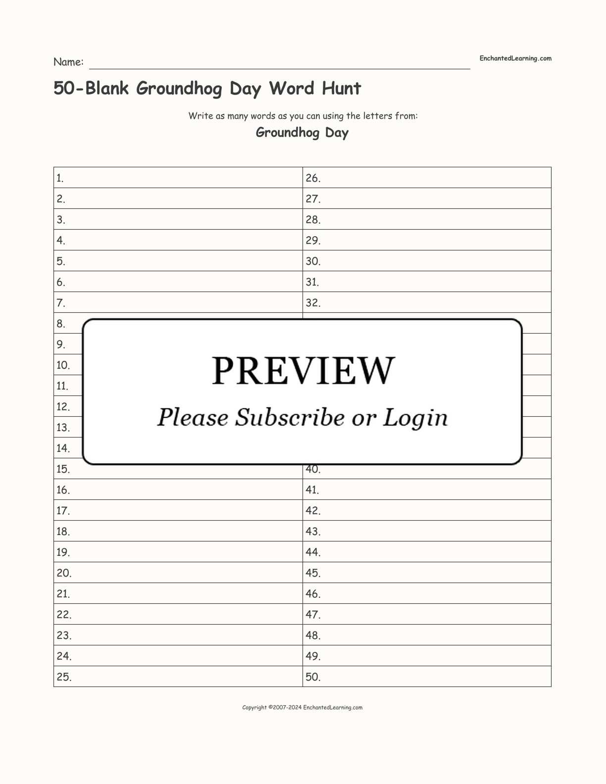 50-Blank Groundhog Day Word Hunt interactive worksheet page 1