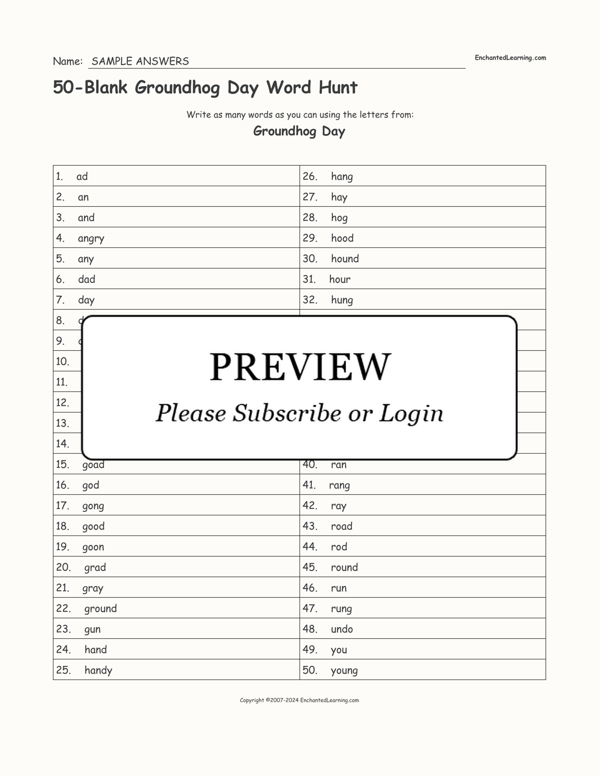 50-Blank Groundhog Day Word Hunt interactive worksheet page 2