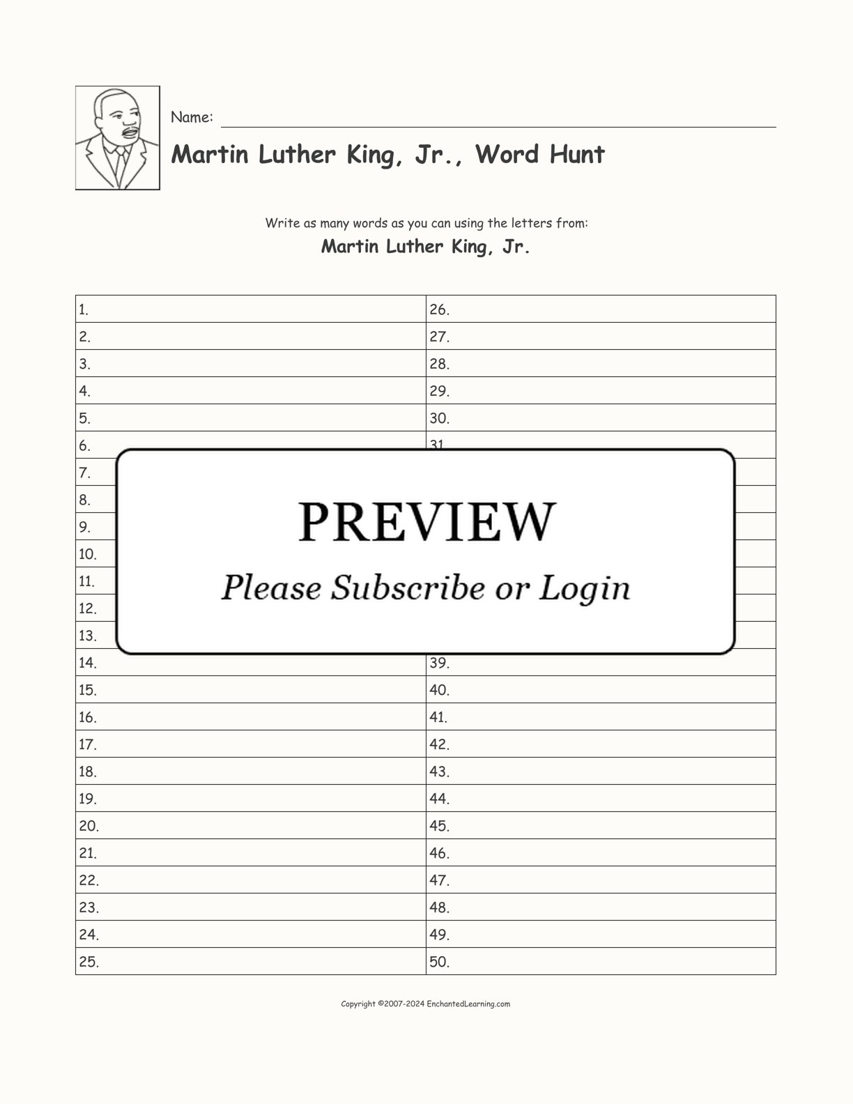 Martin Luther King, Jr., Word Hunt interactive worksheet page 1