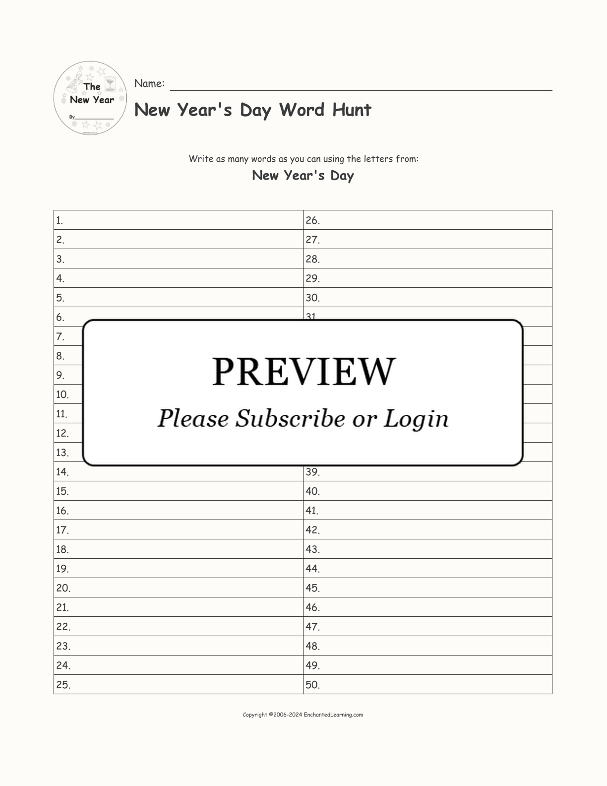 New Year's Day Word Hunt interactive worksheet page 1