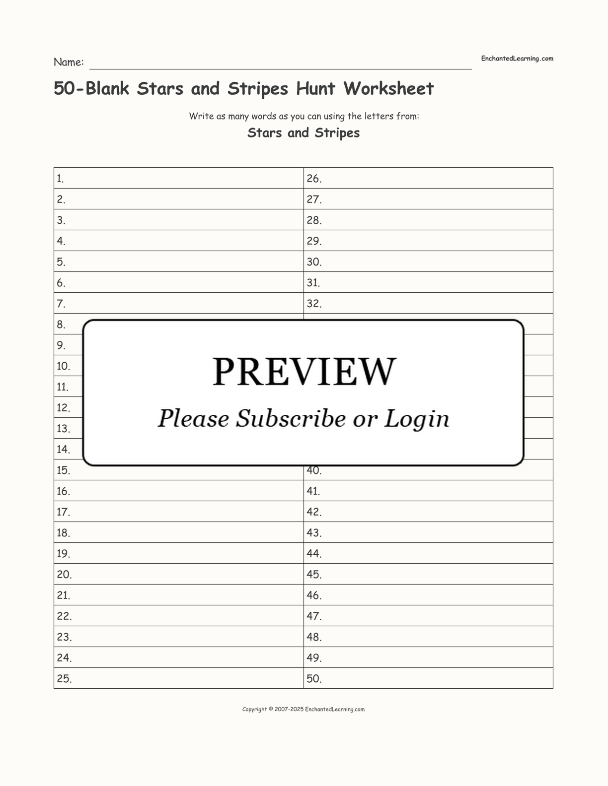 50-Blank Stars and Stripes Hunt Worksheet interactive worksheet page 1