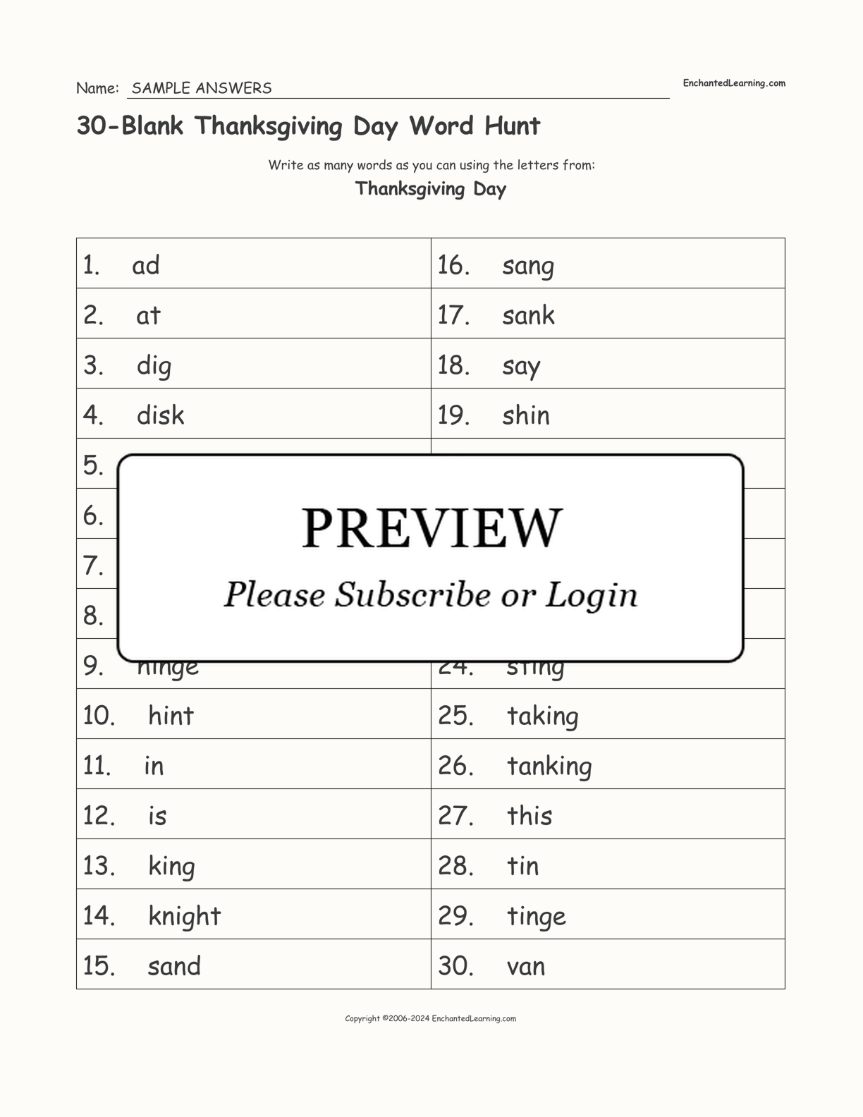 30-Blank Thanksgiving Day Word Hunt interactive worksheet page 2