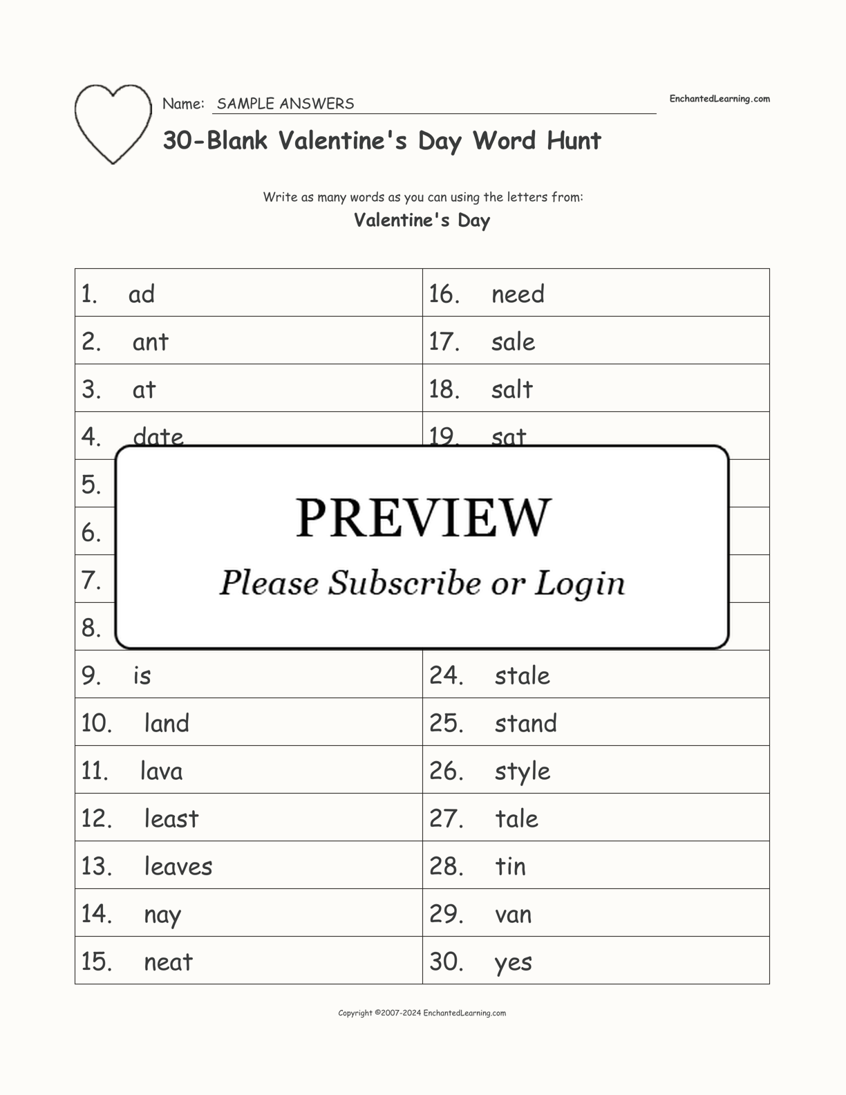 30-Blank Valentine's Day Word Hunt interactive worksheet page 2